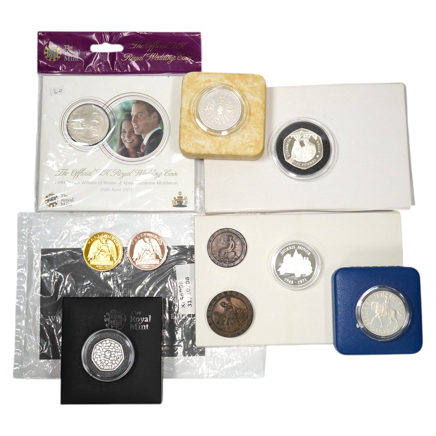 British coins, a collection of mostly commemorative coinage to include QEII Royal Mint 2011 50th Anniversary 50p Piedfort Silver proof coin, 1977 silver proof crown, 1980 silver proof crown, two Alderney Royal Mint Proof